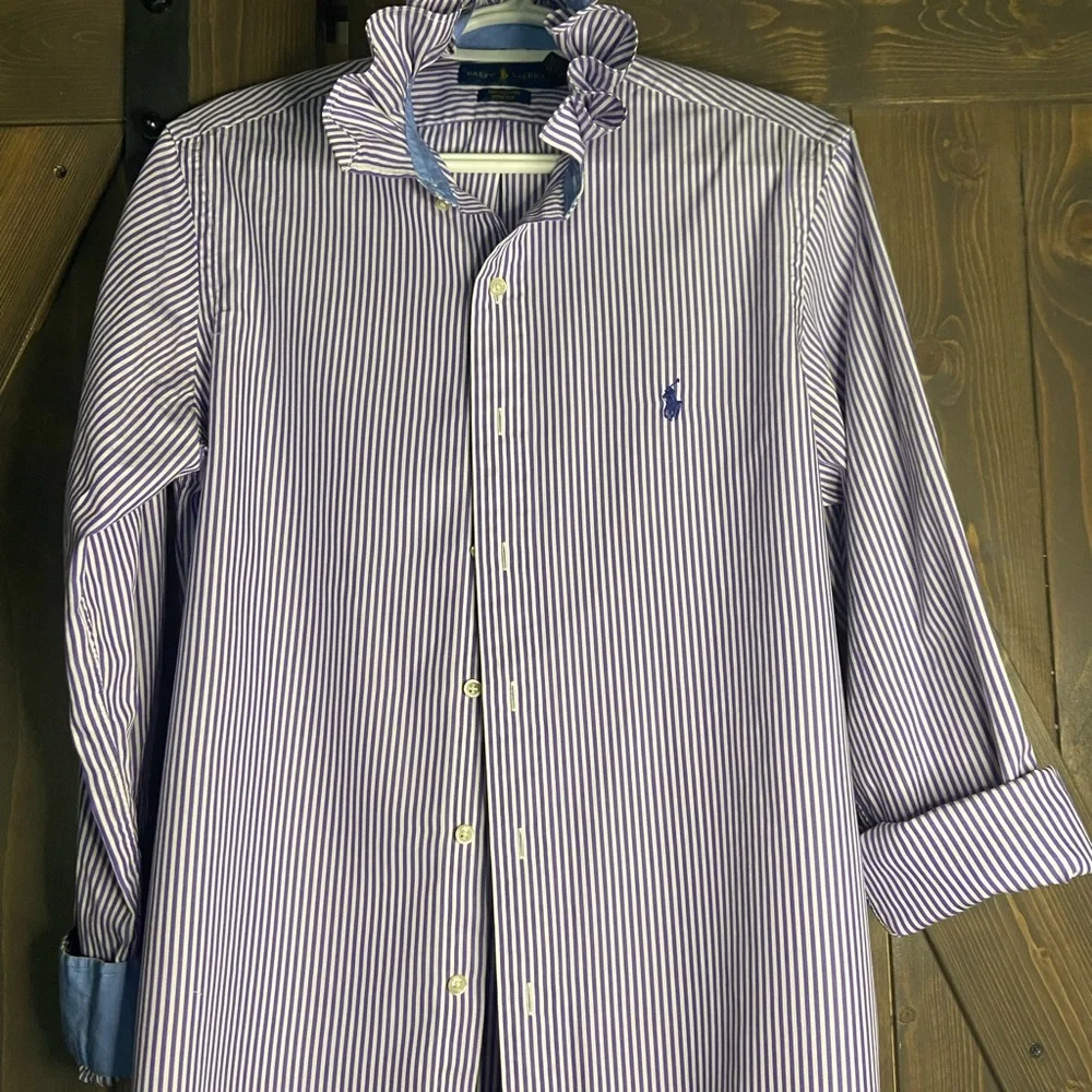 Ralph Lauren Purple and White Striped Ruffle-Collar Button-Down Shirt - Picture 2 of 5